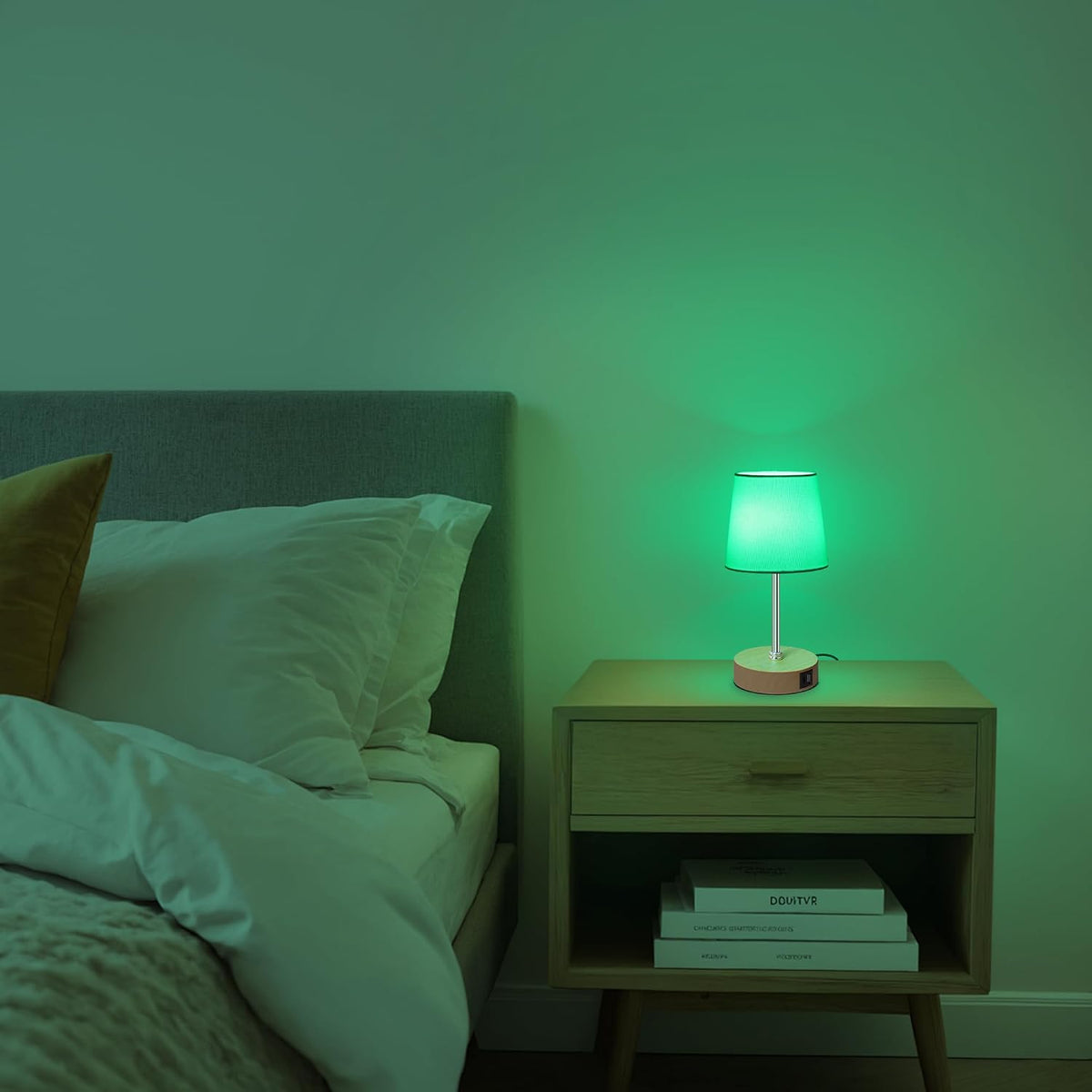Ascher Small Bedside Table lamp, RGB Color Changing Lamps, 3 Color Temperatures, Dimmable Nightstand Lamp with USB C+A Ports, Touch Desk Lamp for Bedroom Living Room, H11.4in(Flaxen Shade)