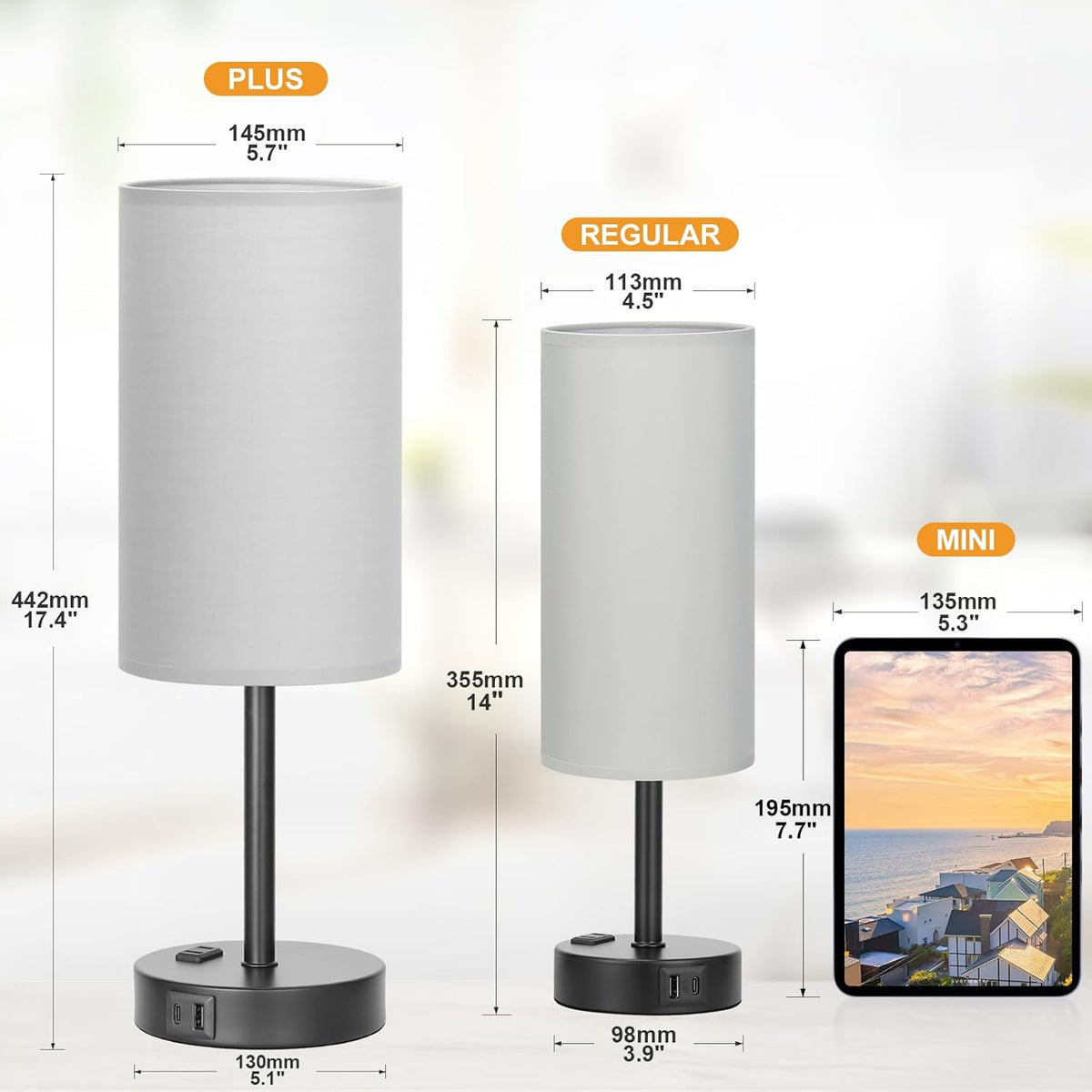 Fenmzee Bedside Table Lamp for Bedroom - Dimmable Touch, USB A+C, AC Outlet