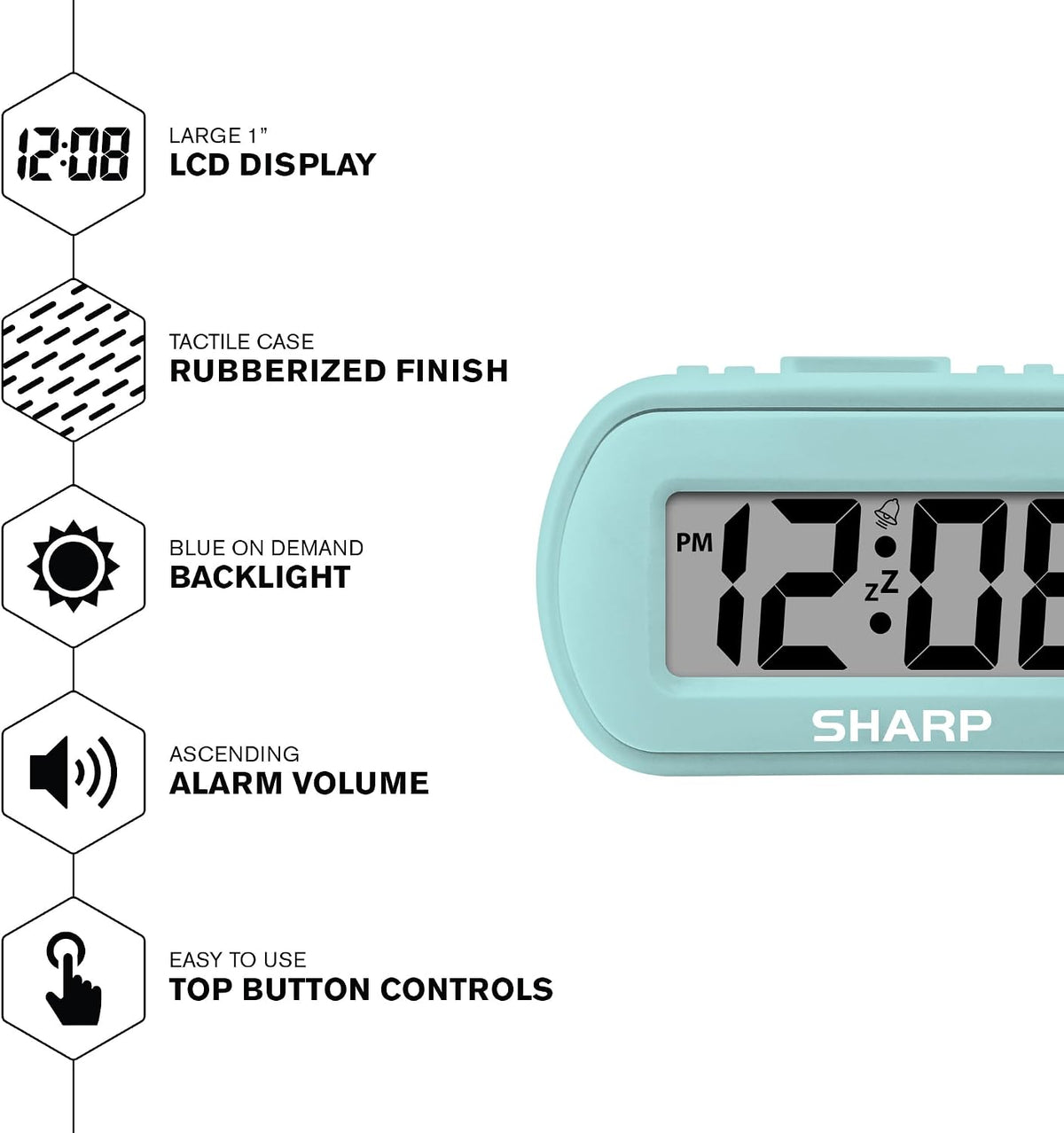 Sharp Digital Alarm Clock – Tactile Plastic Case with Soft Rubberized Finish - Battery Operated – Blue Backlight on Demand – Ascending Alarm – Easy to Use – Charcoal Black