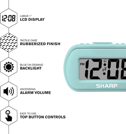 Sharp Digital Alarm Clock – Tactile Plastic Case with Soft Rubberized Finish - Battery Operated – Blue Backlight on Demand – Ascending Alarm – Easy to Use – Charcoal Black