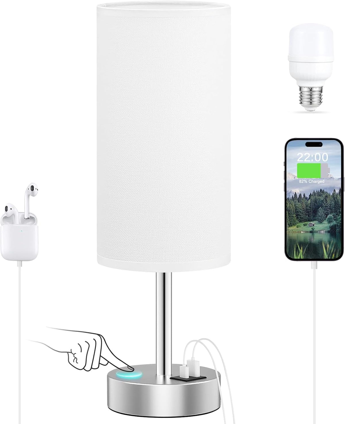 Dicoool Bedside Table Lamp for Bedroom - 3-Way Dimmable Touch Lamp, USB A+C