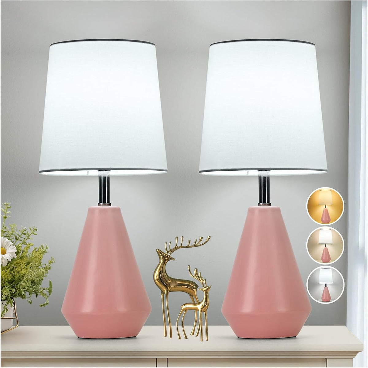 Small Bedside Table Lamp for Bedroom - Reading Desk Lamp with 3 Color Temperatures，15.5" Nightstand Ceramic Lamp with Fabric Shade for Kids Room,Living Room,Dorm,Home Office (Green)