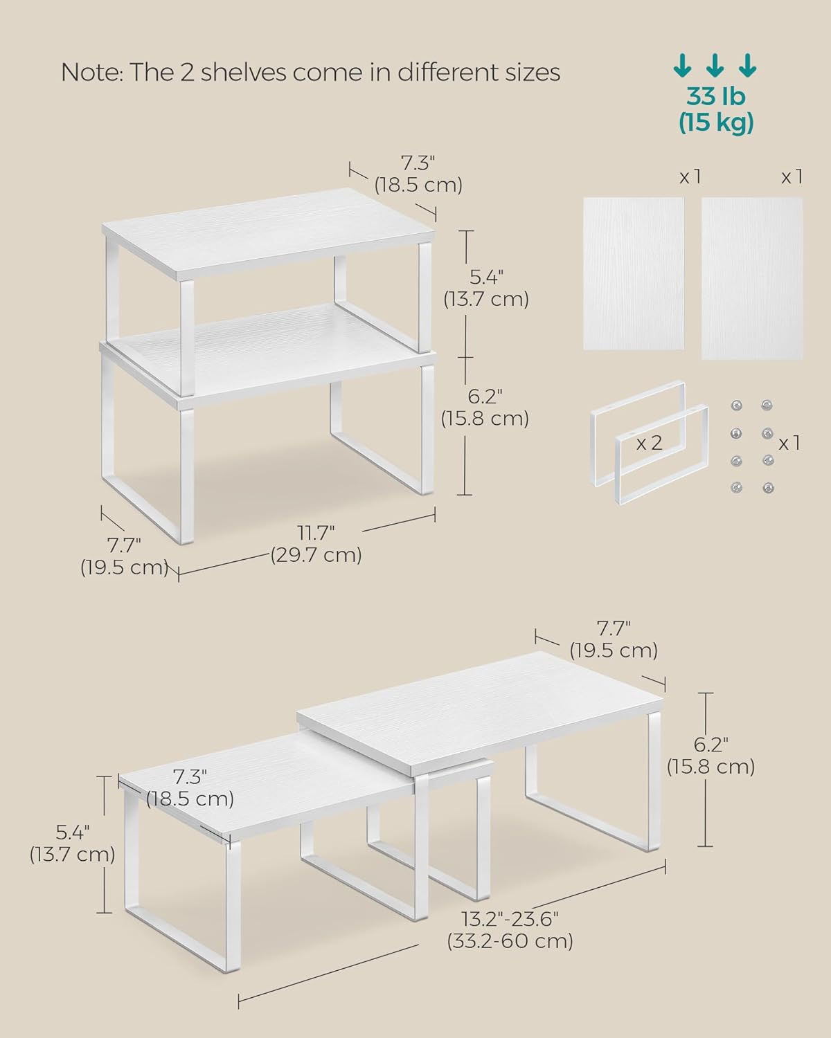 SONGMICS Cabinet Organizer Shelf, Set of 4 Kitchen Counter Shelves, Kitchen Storage, Spice Rack, Stackable, Expandable, Metal and Engineered Wood, Cloud White and Natural Beige UKCS010N01