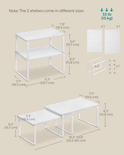 SONGMICS Cabinet Organizer Shelf, Set of 4 Kitchen Counter Shelves, Kitchen Storage, Spice Rack, Stackable, Expandable, Metal and Engineered Wood, Cloud White and Natural Beige UKCS010N01