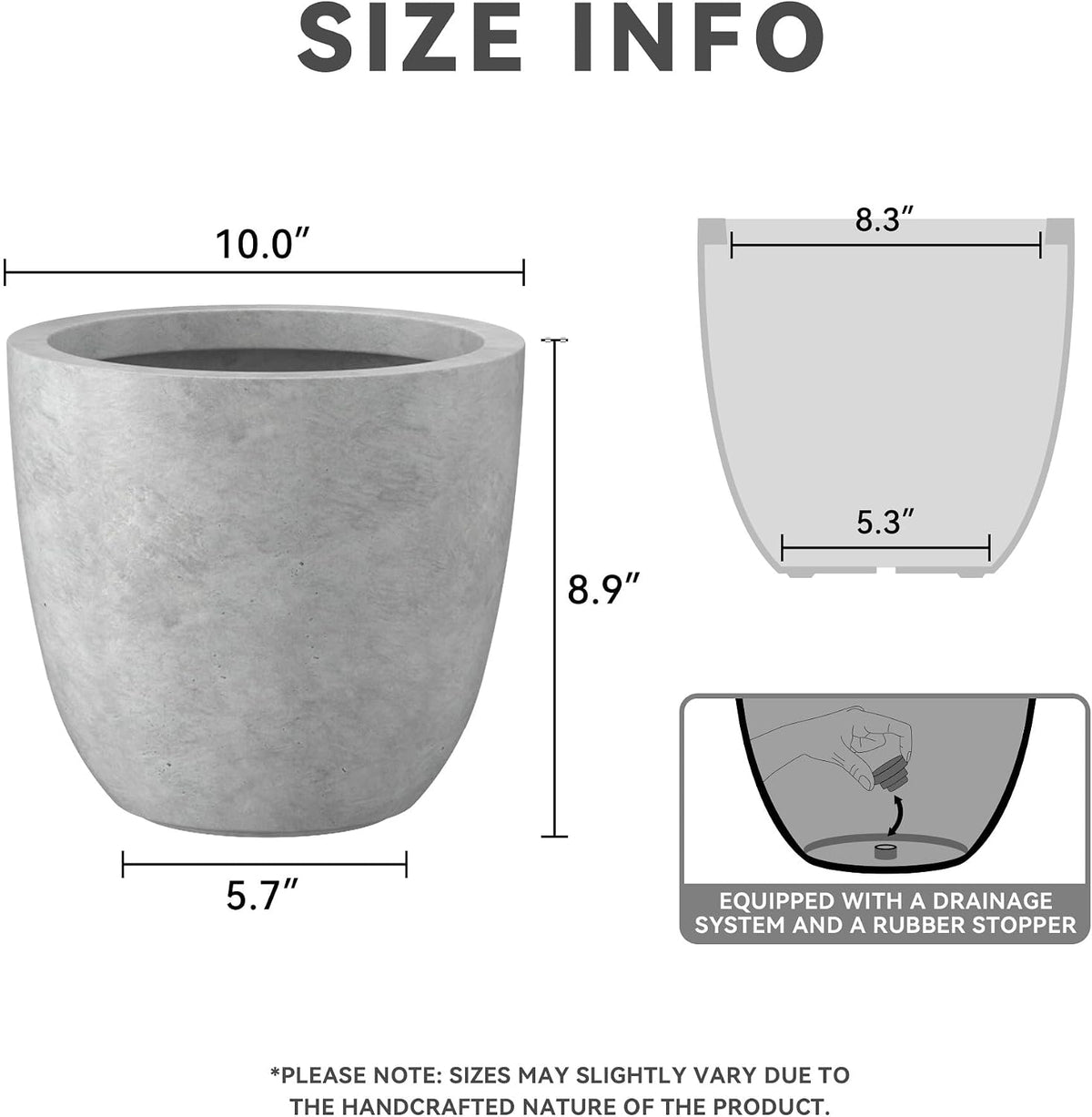 Kante 8.9" H x 10" W Small Concrete Planter, Compact Desktop Plant Pot with Drainage Hole & Rubber Plug – Lightweight Breathable Cement Container for Succulents, Cactus, Herbs, Indoor Outdoor, Gift