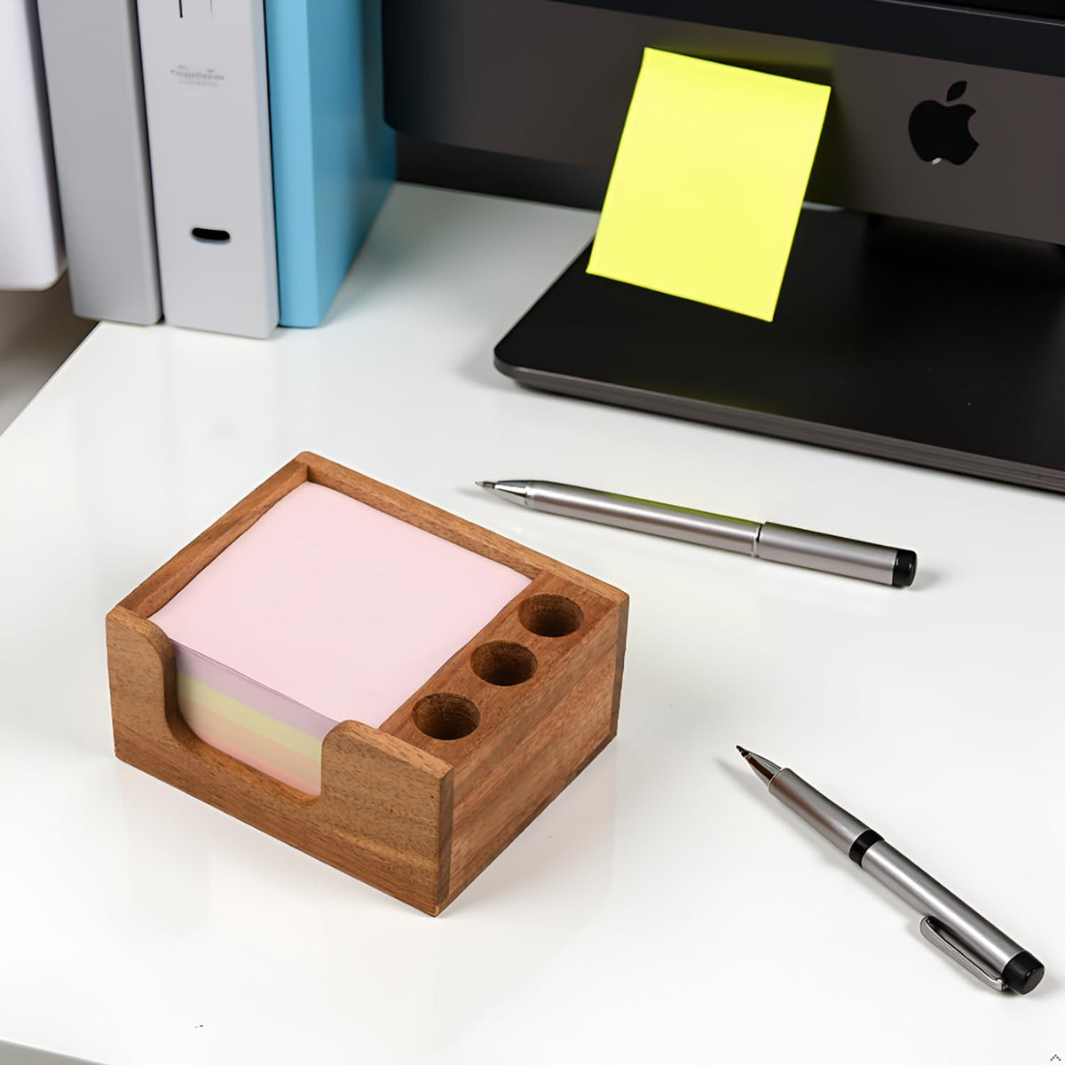 Acacia Wood Sticky Note Holder with 3 Pen Holders, 3x3 Post It Note Dispenser with Anti-Slip Pads, All-in-One Wooden Desk Organizer for Office Home School (4.0“x3.5"x2")