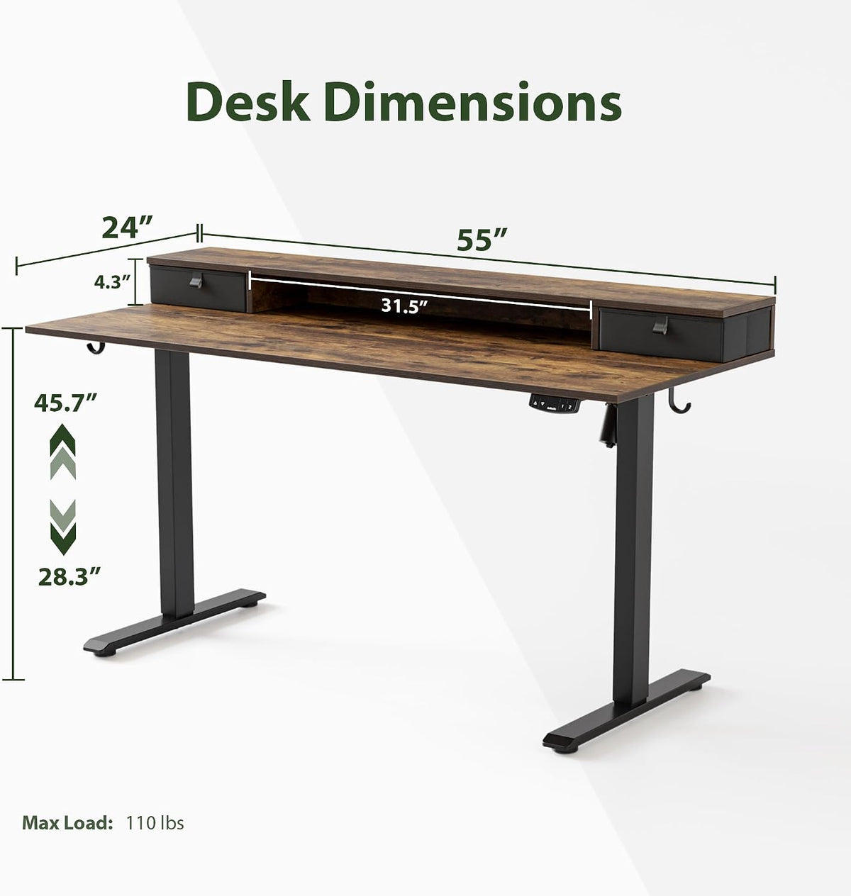48 * 24 Inch Electric Standing Desk with Shelf & Led, Dark Walnut