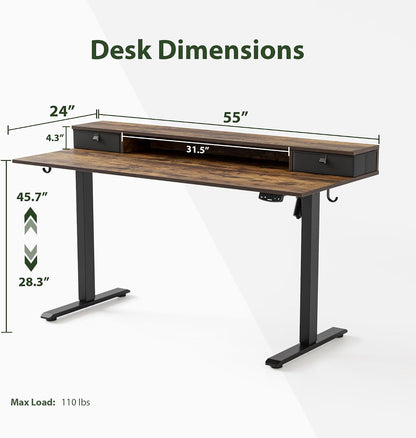 48 * 24 Inch Electric Standing Desk with Shelf & Led, Dark Walnut