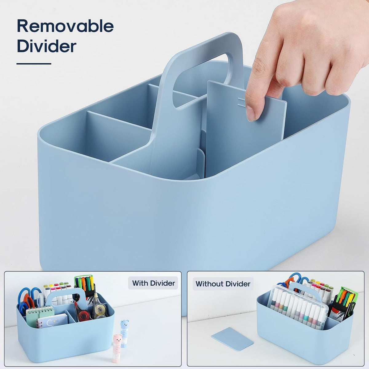 Multiuse Caddy Organizer with Handle, Portable Divided Plastic Tote Bin - Art Craft, Stationary Pen Marker Crayons, Makeup Hair Supplies Storage - Bathroom, Classroom, Dorm, Office, Desk Holder -Black