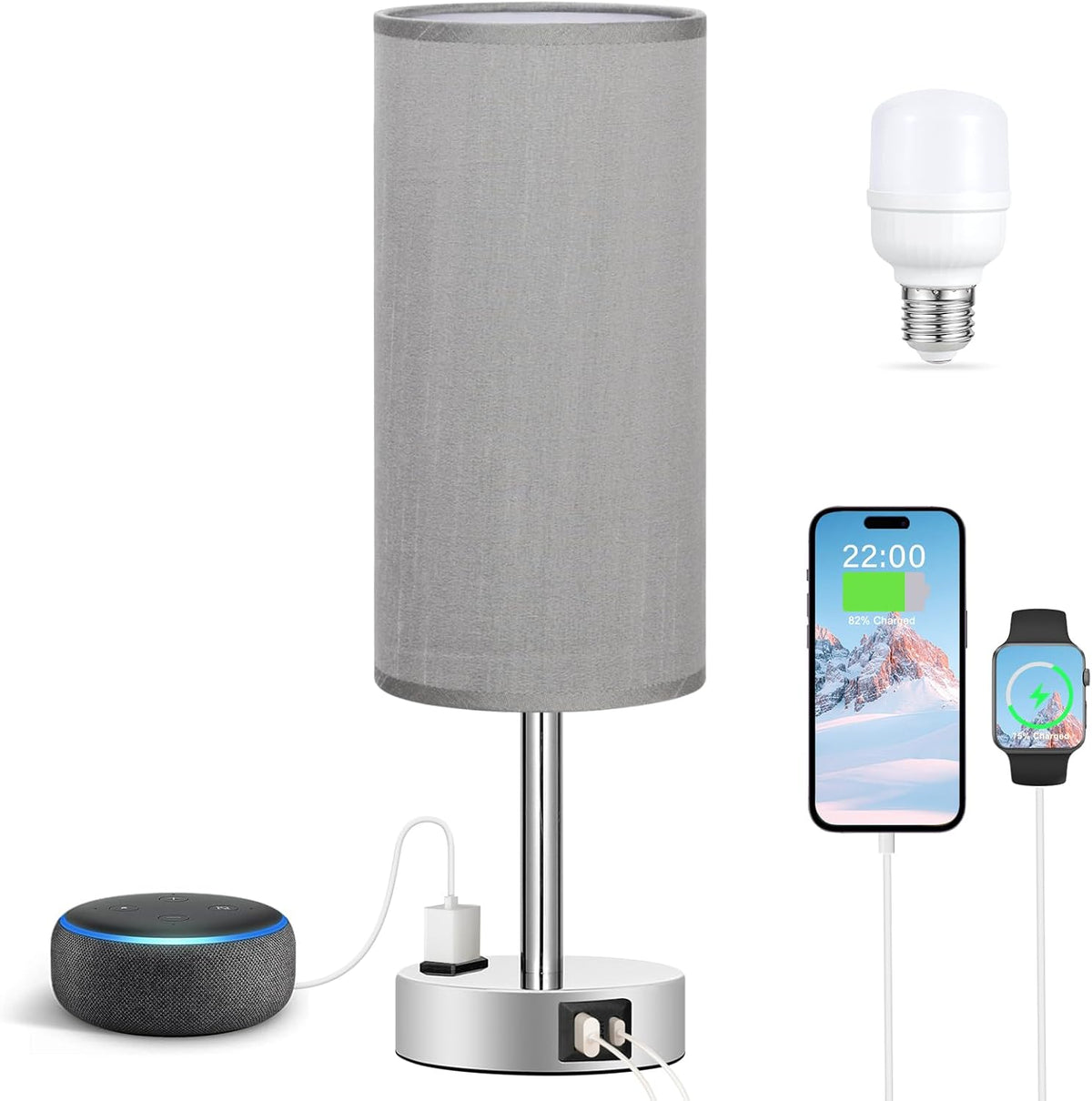 Fenmzee Bedside Table Lamp for Bedroom - Dimmable Touch, USB A+C, AC Outlet