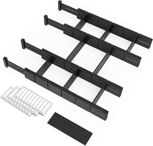 SpaceAid Bamboo Drawer Dividers with Inserts and Labels, Kitchen Adjustable Drawer Organizers, Expandable Organization for Home, Office, Dressers, 4 Dividers with 9 Inserts (17"-22" Natural)