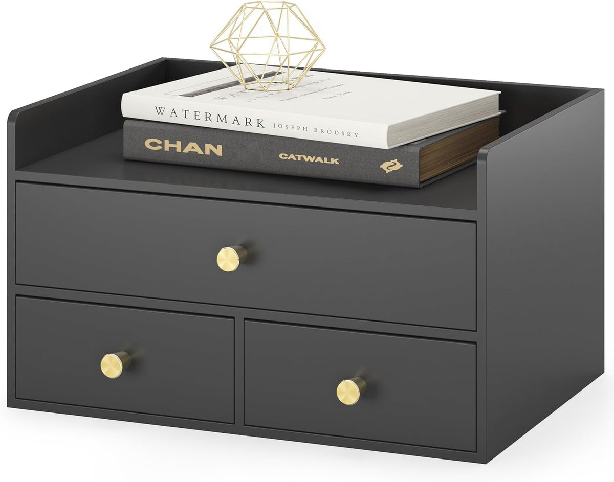 Bamboo Desk Organizer with Drawers Wooden Desktop Storage Drawers (1, Black 3 Drawer)