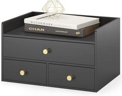 Bamboo Desk Organizer with Drawers Wooden Desktop Storage Drawers (1, Black 3 Drawer)