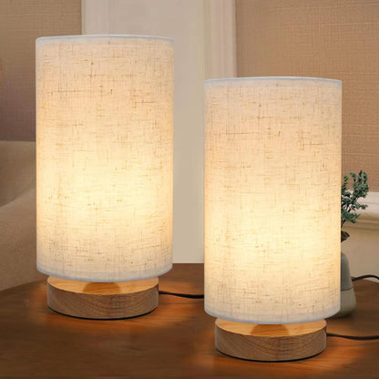 Small Bedside Table Lamp for Bedroom,Natural Round Wood Base&Fabric Linen Shade,Cozy Night Table Light for Study Reading,Minimalist Boho Desk Lamp for Nightstand,Living Room,Nursery,Kitchen,Dorm