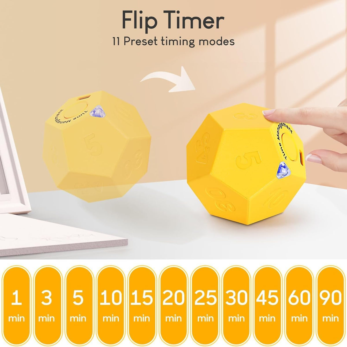 Mini 12 Sided Cube Timer, 11 Preset Times Pomodoro Timer for Enhanced Productivity. Ideal for ADHD Management, Workout, Study & Kitchen Cooking. Easy to Use（White）
