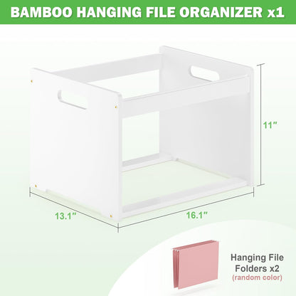 Hanging File Box Organizer for Letter Size, Bamboo Acrylic File Folder Storage with Lid Clear Moving Boxes Wooden with Handle Desktop Wood Filing Holder for Office Banker Document White 1 Pack
