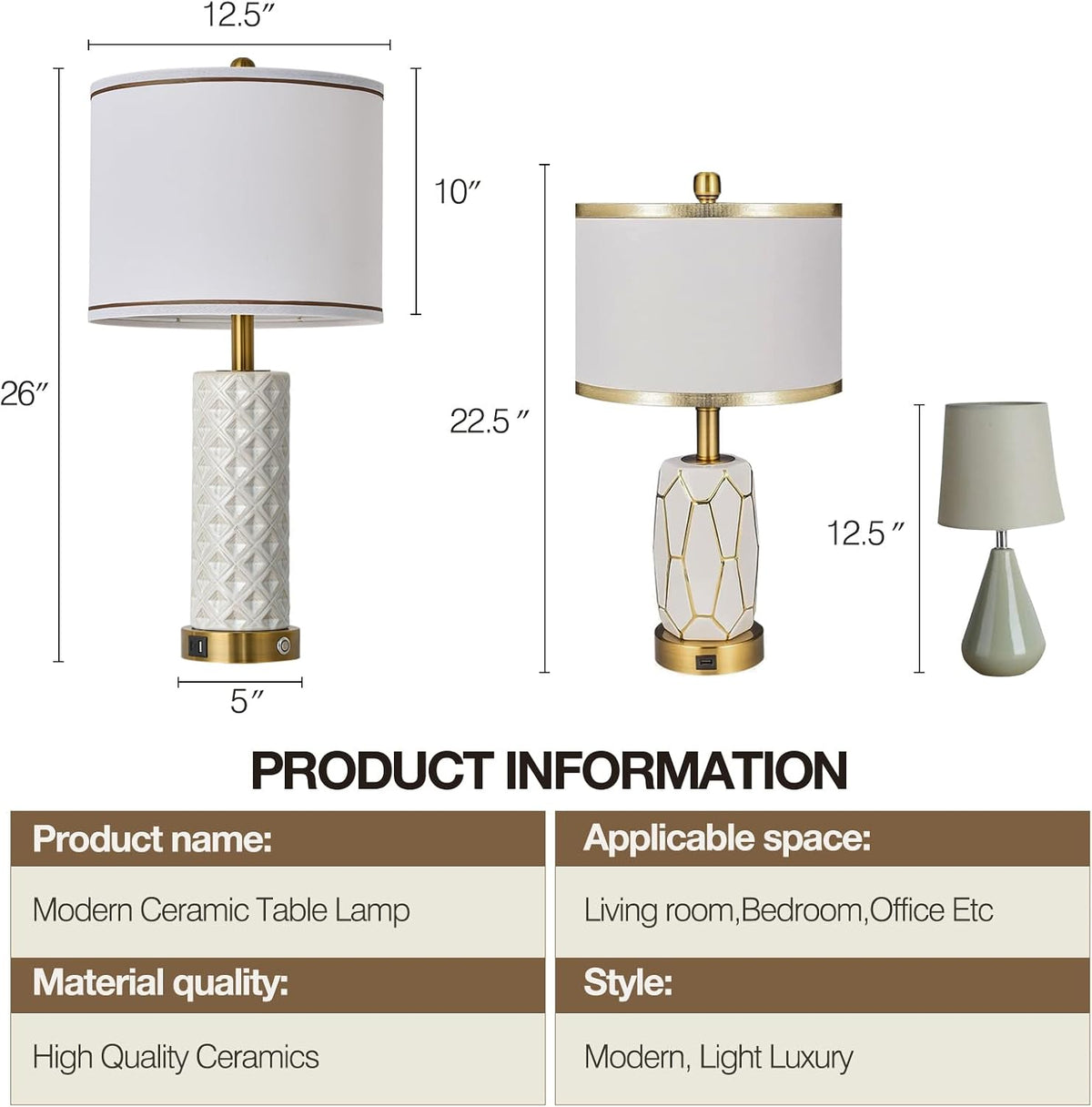 Small Bedside Table Lamp for Bedroom - Reading Desk Lamp with 3 Color Temperatures，15.5" Nightstand Ceramic Lamp with Fabric Shade for Kids Room,Living Room,Dorm,Home Office (Green)