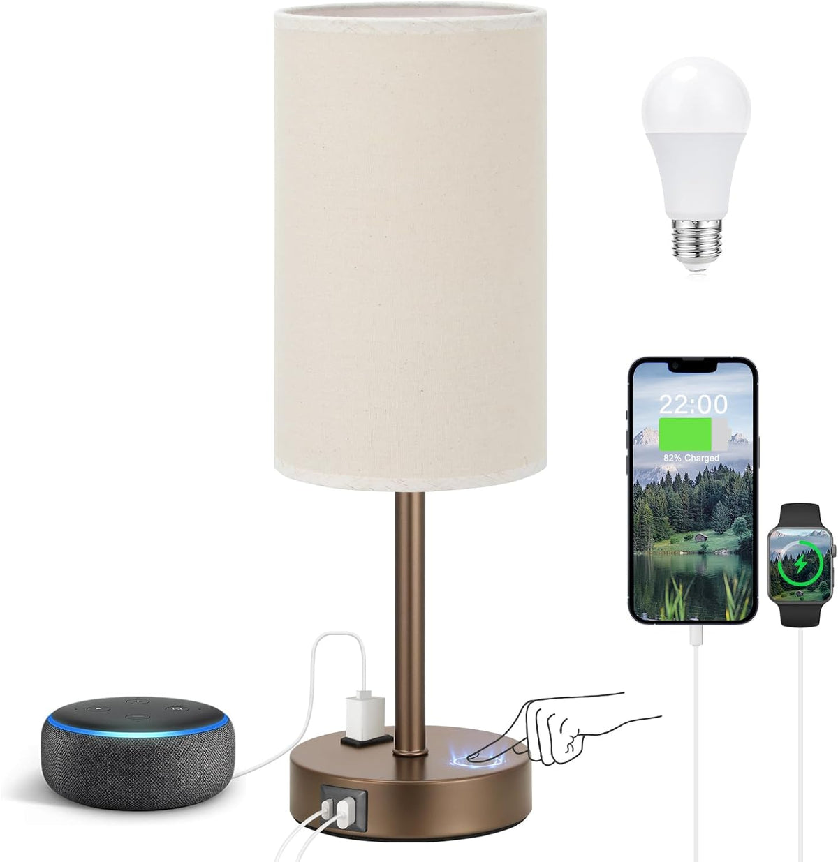 Fenmzee Bedside Table Lamp for Bedroom - Dimmable Touch, USB A+C, AC Outlet