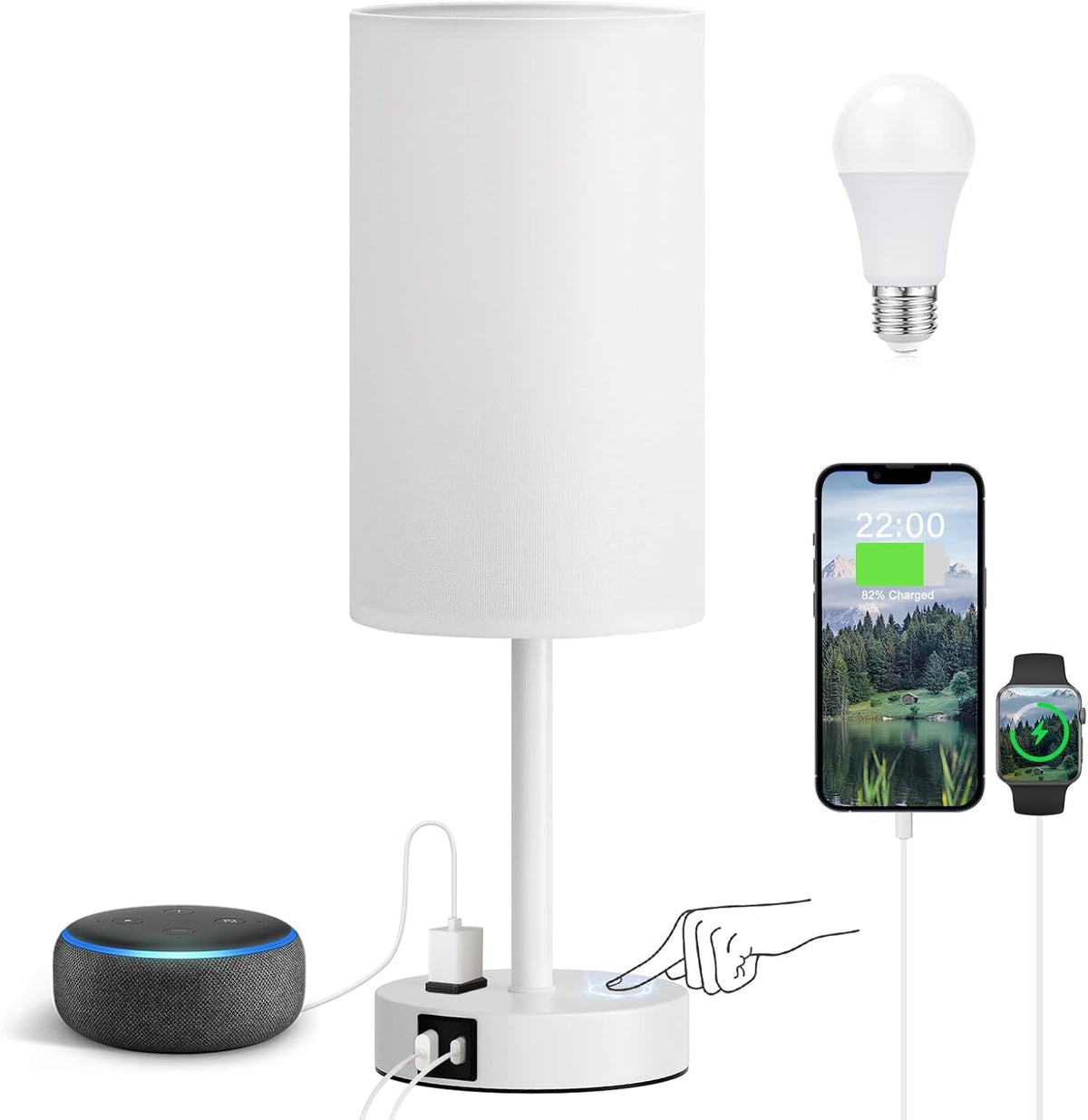 Fenmzee Bedside Table Lamp for Bedroom - Dimmable Touch, USB A+C, AC Outlet