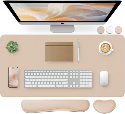 Bloss Leather Desk Pad and Keyboard Wrist Rest, Large Mouse Pad + Keyboard Pad+Mouse Wrist Support, Non-Slip Desk Mat Protector for Office, Home(31.5×15.7 Inches,Beige) - Colors B