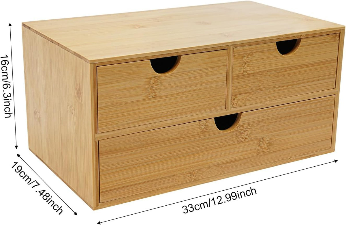 Desk Organizer, Office Vanity Bamboo Desk Organizer, Mini Bamboo Desk Drawer Tabletop Storage Box with 2 Drawer Night Stand Table Organizer for Makeup Vanity Office Supplies (2 Drawer)