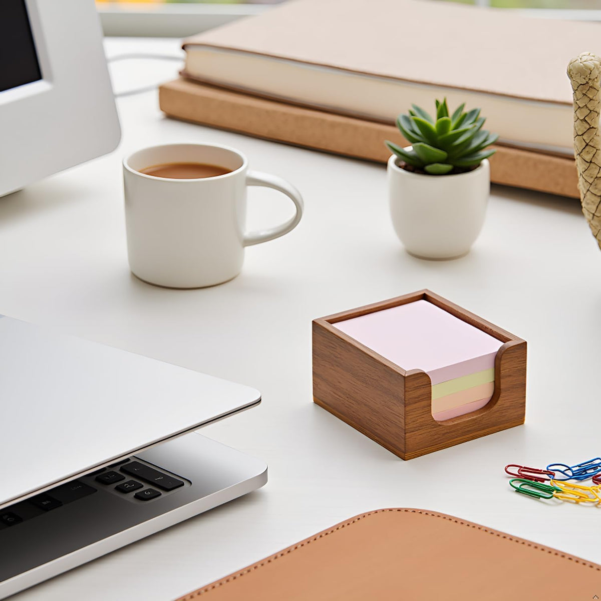 Acacia Wood Sticky Note Holder with 3 Pen Holders, 3x3 Post It Note Dispenser with Anti-Slip Pads, All-in-One Wooden Desk Organizer for Office Home School (4.0“x3.5"x2")