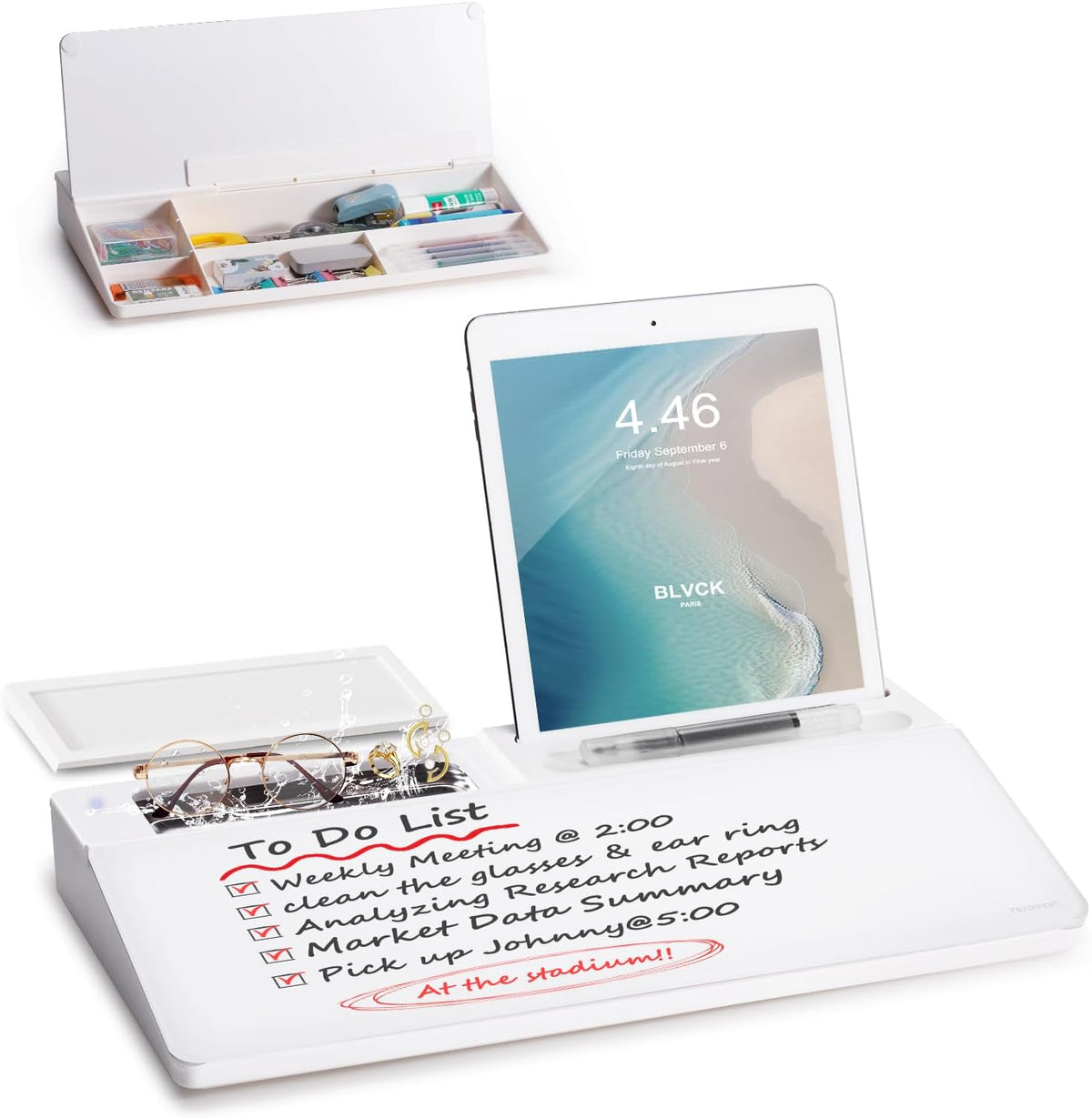 TSJ OFFICE Desktop Whiteboard Dry-Erase-Board - Computer Keyboard Stand White Board Surface Pad with Drawer, Desk Organizers with Accessories for Office, Home, School Supplies - Black