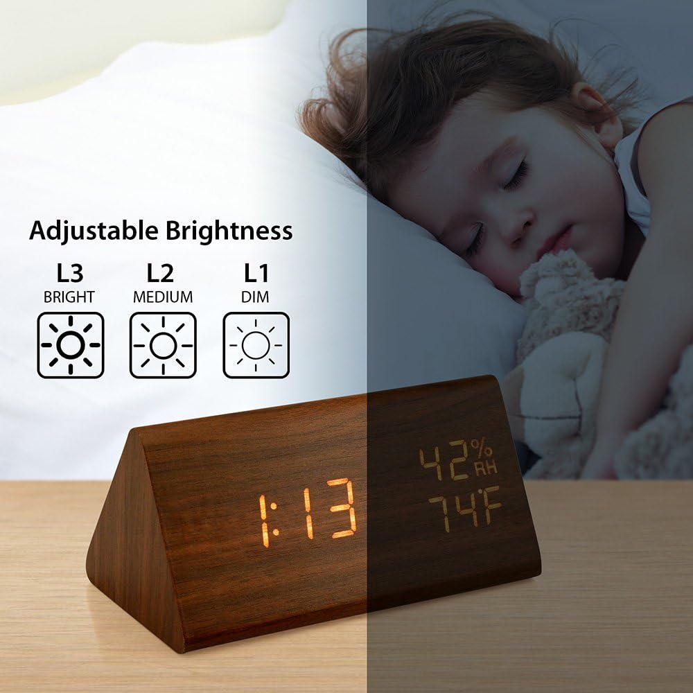 OCT17 Wooden Alarm Clock, Smart LED Digital Clock for Bedroom/desks, Upgraded with Time Temperature, Adjustable Brightness and Voice Control, Humidity Displaying - Black