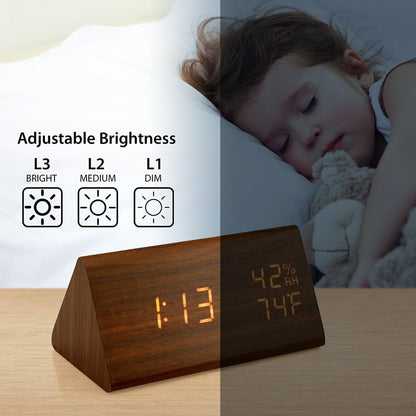 OCT17 Wooden Alarm Clock, Smart LED Digital Clock for Bedroom/desks, Upgraded with Time Temperature, Adjustable Brightness and Voice Control, Humidity Displaying - Black