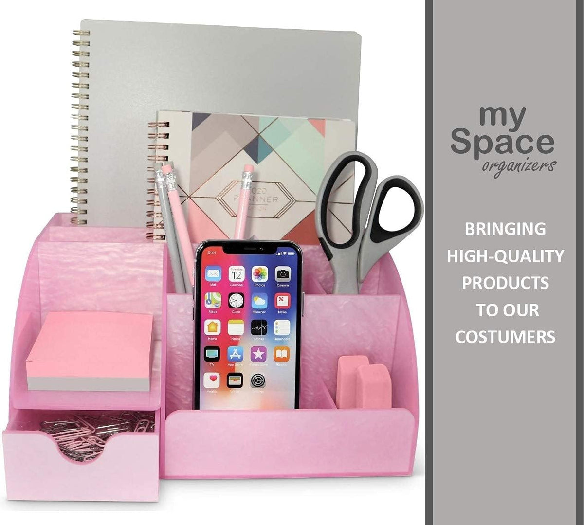 My Space Organizers Clear Acrylic Desk Oganizer, 9 Compartments, Office Supplies and Desk Accessories Organizer, Home Decor Desktop Organizer (Clear)