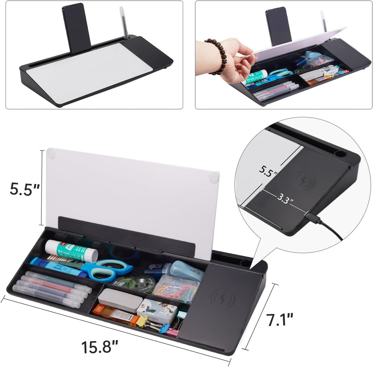 TSJ OFFICE Desktop Whiteboard Dry-Erase-Board - Computer Keyboard Stand White Board Surface Pad with Drawer, Desk Organizers with Accessories for Office, Home, School Supplies - Black