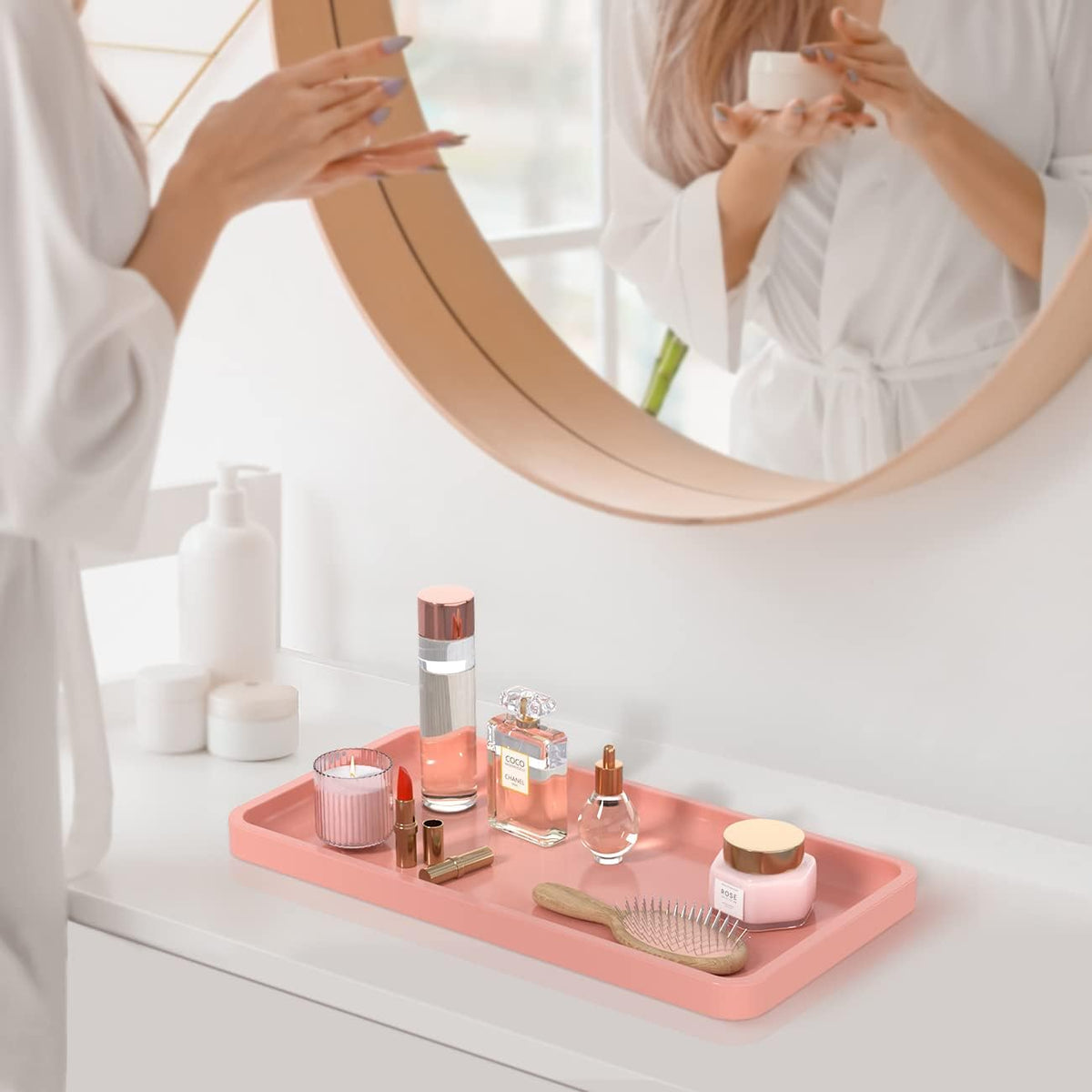Small Bathroom Vanity Tray for Countertop Makeup Perfume Jewelry Decor Candle Keys, Small Black Kitchen Tray for Soap Dispenser Spice Bamboo Toilet Tray 7.9" L x 4" W x 0.79" H