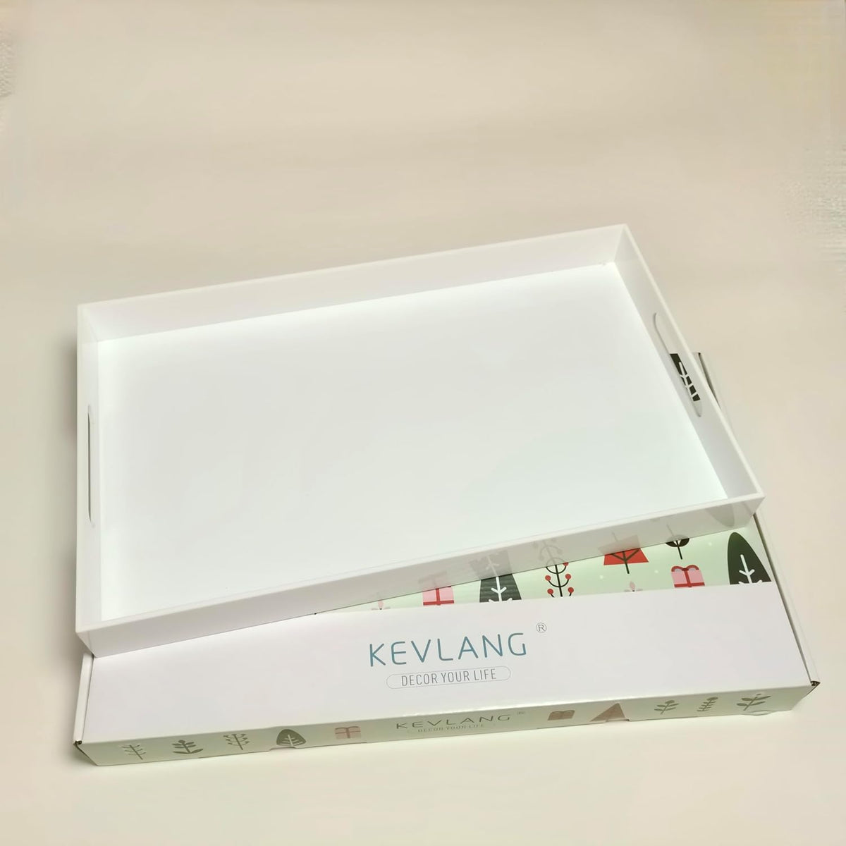 KEVLANG Glossy White Sturdy Acrylic Serving Tray with Handles-12x20 Inch-Serving Coffee Appetizer Breakfast-Kitchen Countertop Makeup Drawer Organizer-Vanity Table Ottoman Decorative Tray