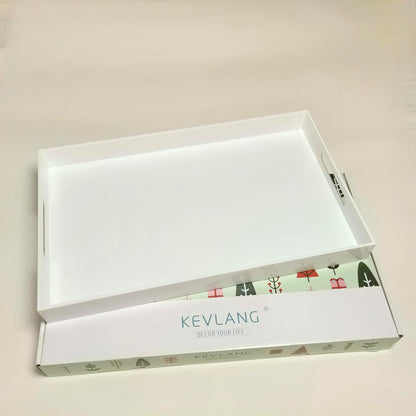 KEVLANG Glossy White Sturdy Acrylic Serving Tray with Handles-12x20 Inch-Serving Coffee Appetizer Breakfast-Kitchen Countertop Makeup Drawer Organizer-Vanity Table Ottoman Decorative Tray
