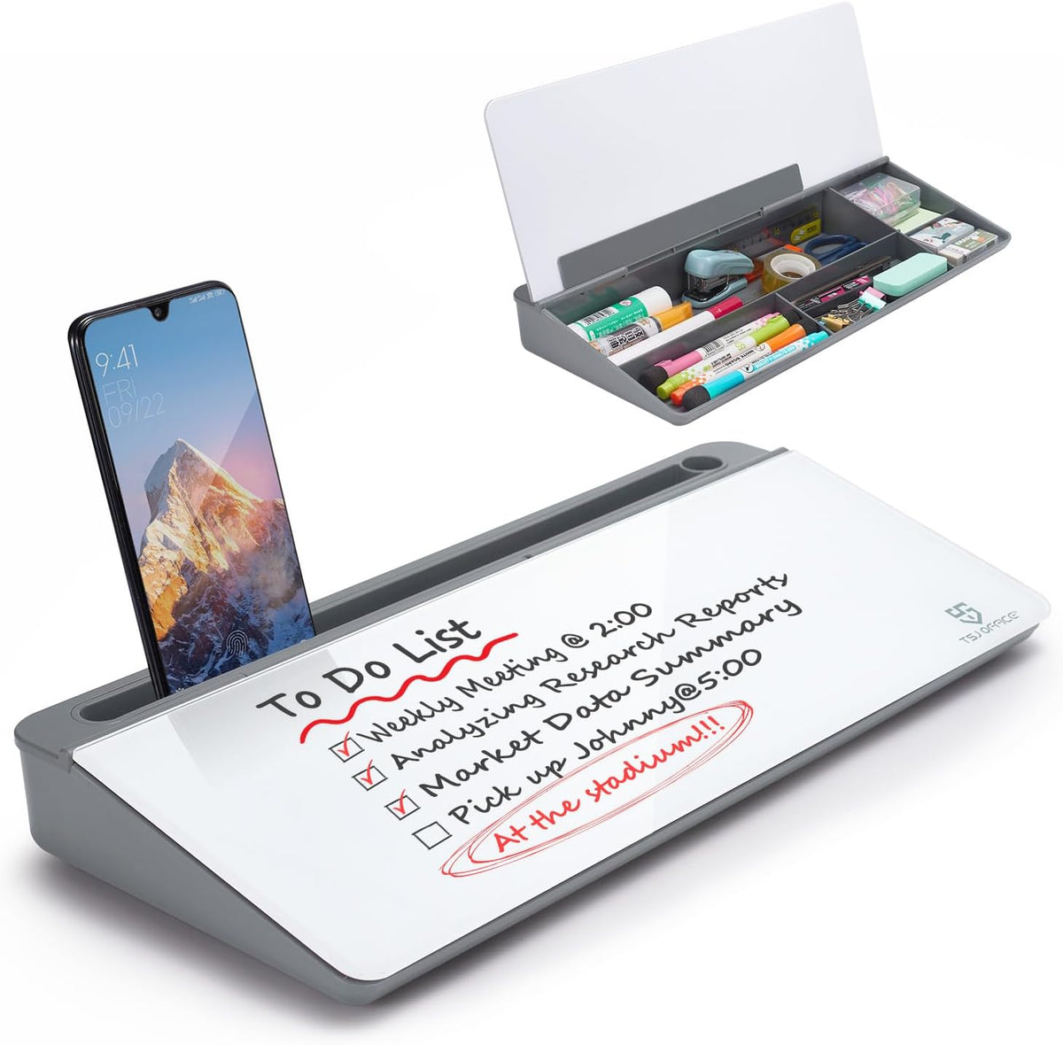TSJ OFFICE Desktop Whiteboard Dry-Erase-Board - Computer Keyboard Stand White Board Surface Pad with Drawer, Desk Organizers with Accessories for Office, Home, School Supplies - Black