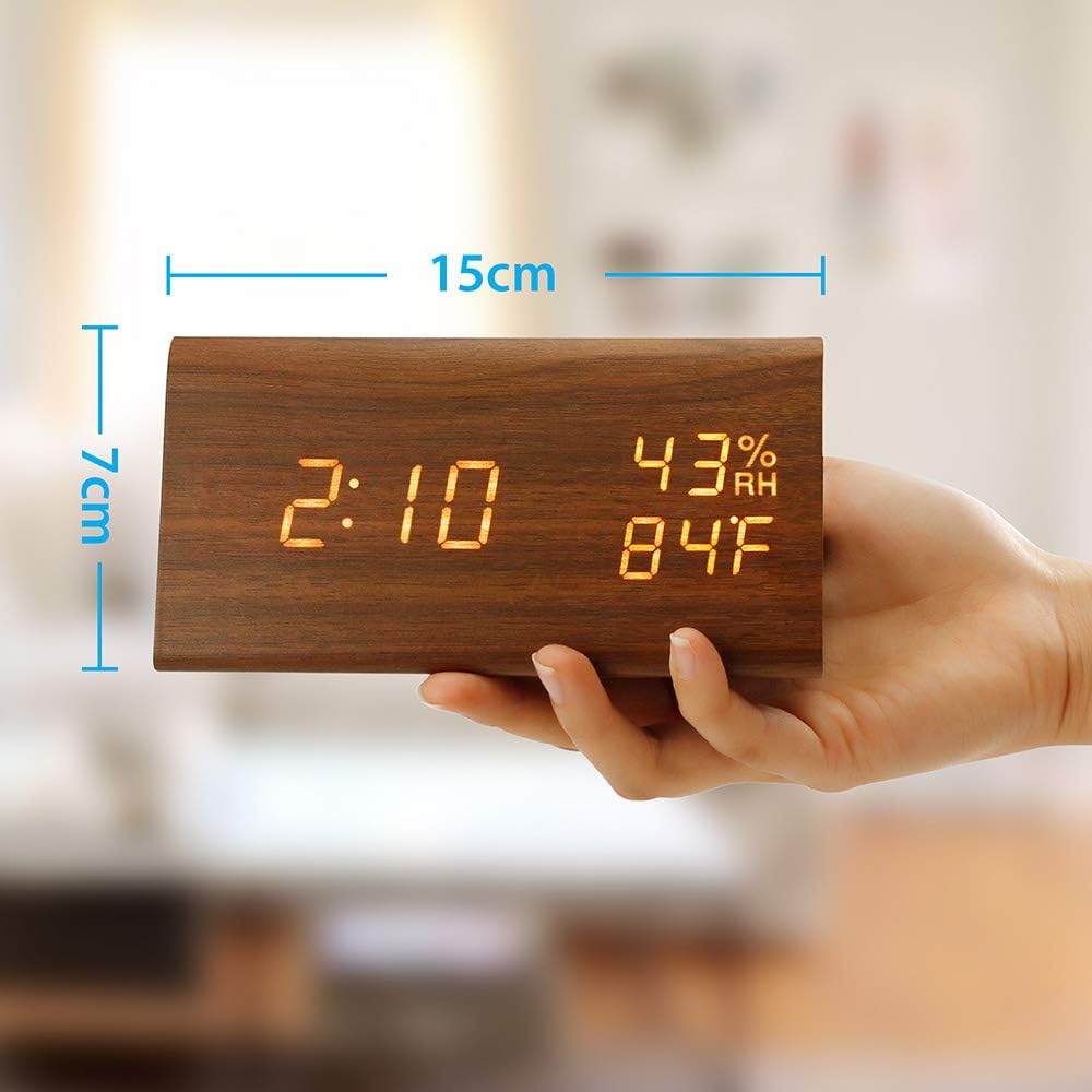 OCT17 Wooden Alarm Clock, Smart LED Digital Clock for Bedroom/desks, Upgraded with Time Temperature, Adjustable Brightness and Voice Control, Humidity Displaying - Black
