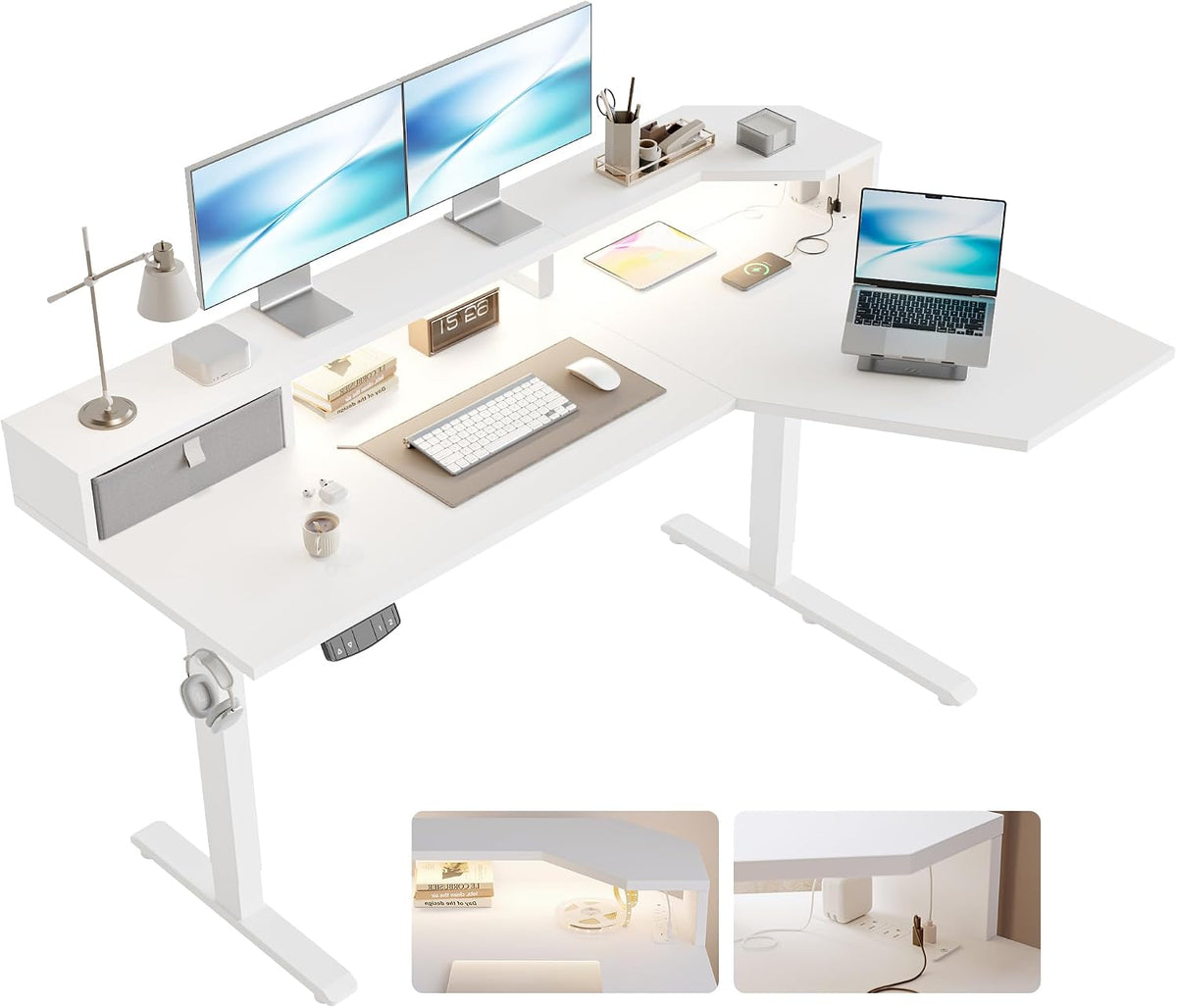 48 * 24 Inch Electric Standing Desk with Shelf & Led, Dark Walnut