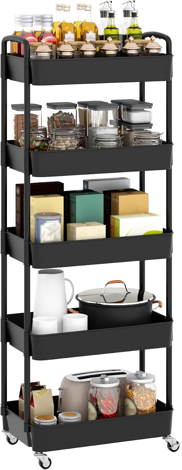 Sywhitta 3-Tier Plastic Rolling Utility Cart with Handle, Multi-Functional Storage Trolley for Office, Living Room, Kitchen, Movable Storage Organizer with Wheels, Black
