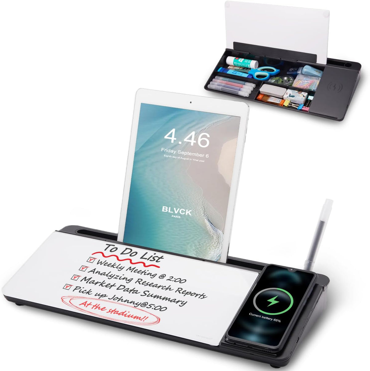 TSJ OFFICE Desktop Whiteboard Dry-Erase-Board - Computer Keyboard Stand White Board Surface Pad with Drawer, Desk Organizers with Accessories for Office, Home, School Supplies - Black