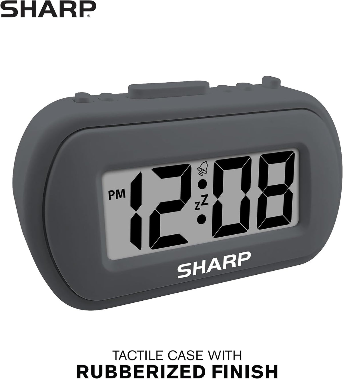 Sharp Digital Alarm Clock – Tactile Plastic Case with Soft Rubberized Finish - Battery Operated – Blue Backlight on Demand – Ascending Alarm – Easy to Use – Charcoal Black