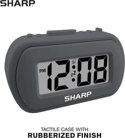 Sharp Digital Alarm Clock – Tactile Plastic Case with Soft Rubberized Finish - Battery Operated – Blue Backlight on Demand – Ascending Alarm – Easy to Use – Charcoal Black