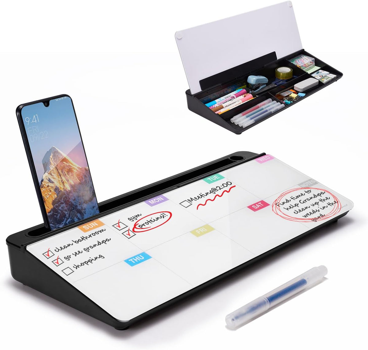 TSJ OFFICE Desktop Whiteboard Dry-Erase-Board - Computer Keyboard Stand White Board Surface Pad with Drawer, Desk Organizers with Accessories for Office, Home, School Supplies - Black