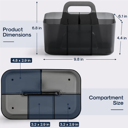 Multiuse Caddy Organizer with Handle, Portable Divided Plastic Tote Bin - Art Craft, Stationary Pen Marker Crayons, Makeup Hair Supplies Storage - Bathroom, Classroom, Dorm, Office, Desk Holder -Black