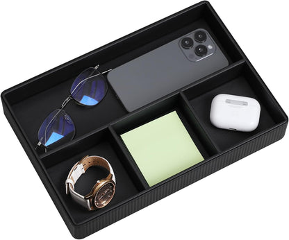 PU Leather Valet Tray, Decorative Trinket Vanity Desk Drawer Organizer Tray, Perfume Dish Catch All Bowl for Keys, Nightstand Drawer Organizer Women Men with 4 Compartments (Cream-White)