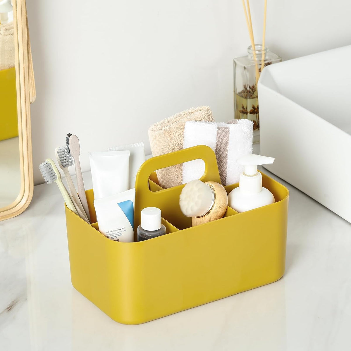 Multiuse Caddy Organizer with Handle, Portable Divided Plastic Tote Bin - Art Craft, Stationary Pen Marker Crayons, Makeup Hair Supplies Storage - Bathroom, Classroom, Dorm, Office, Desk Holder -Black