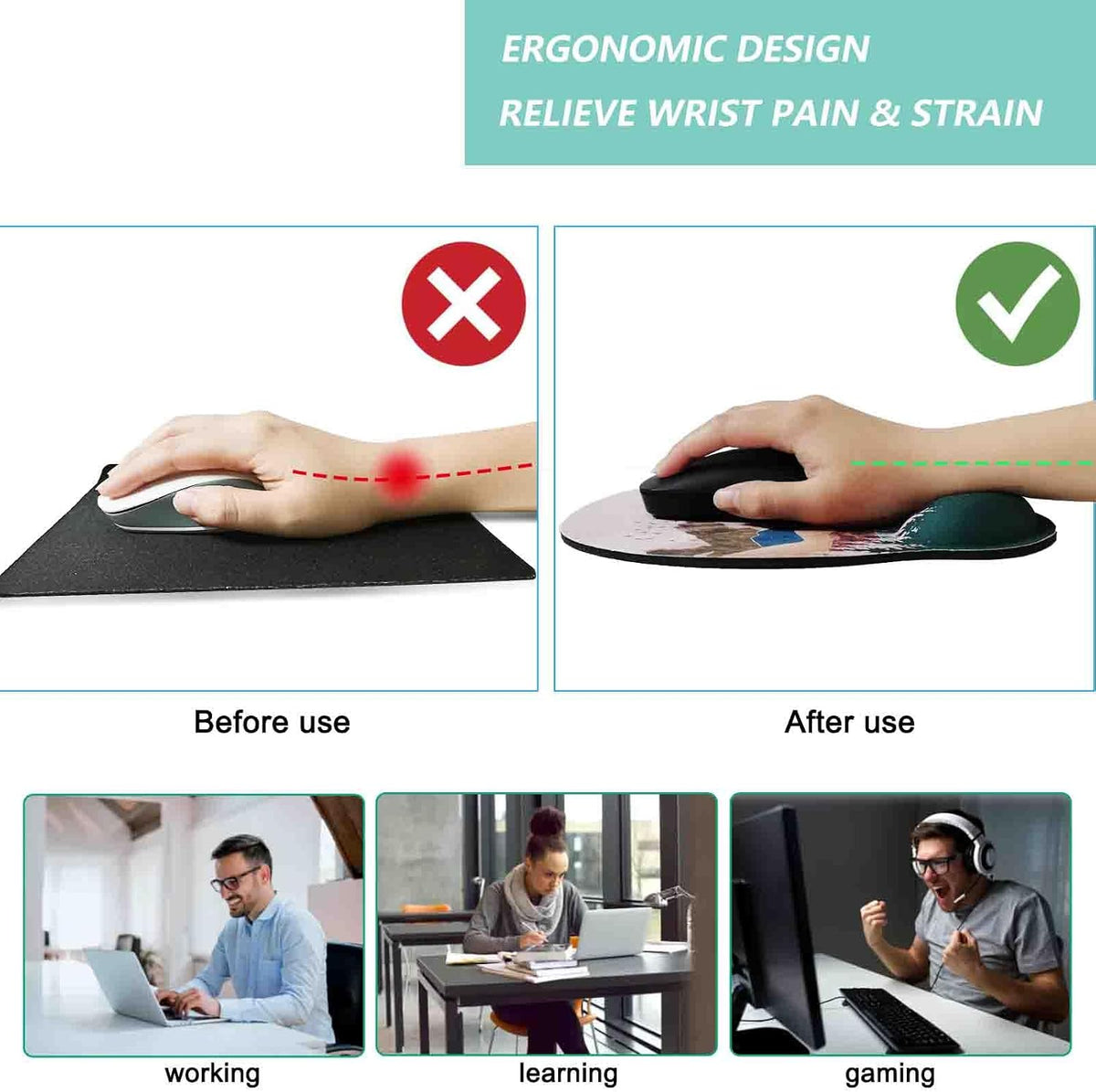 Mouse Pad with Wrist Support, Ergonomic Mouse Pad with Memory Foam Wrist Rest Cushion, Non-Slip Rubber Base Gaming Mice Pad for Home Office Computer Laptop, Flower Black