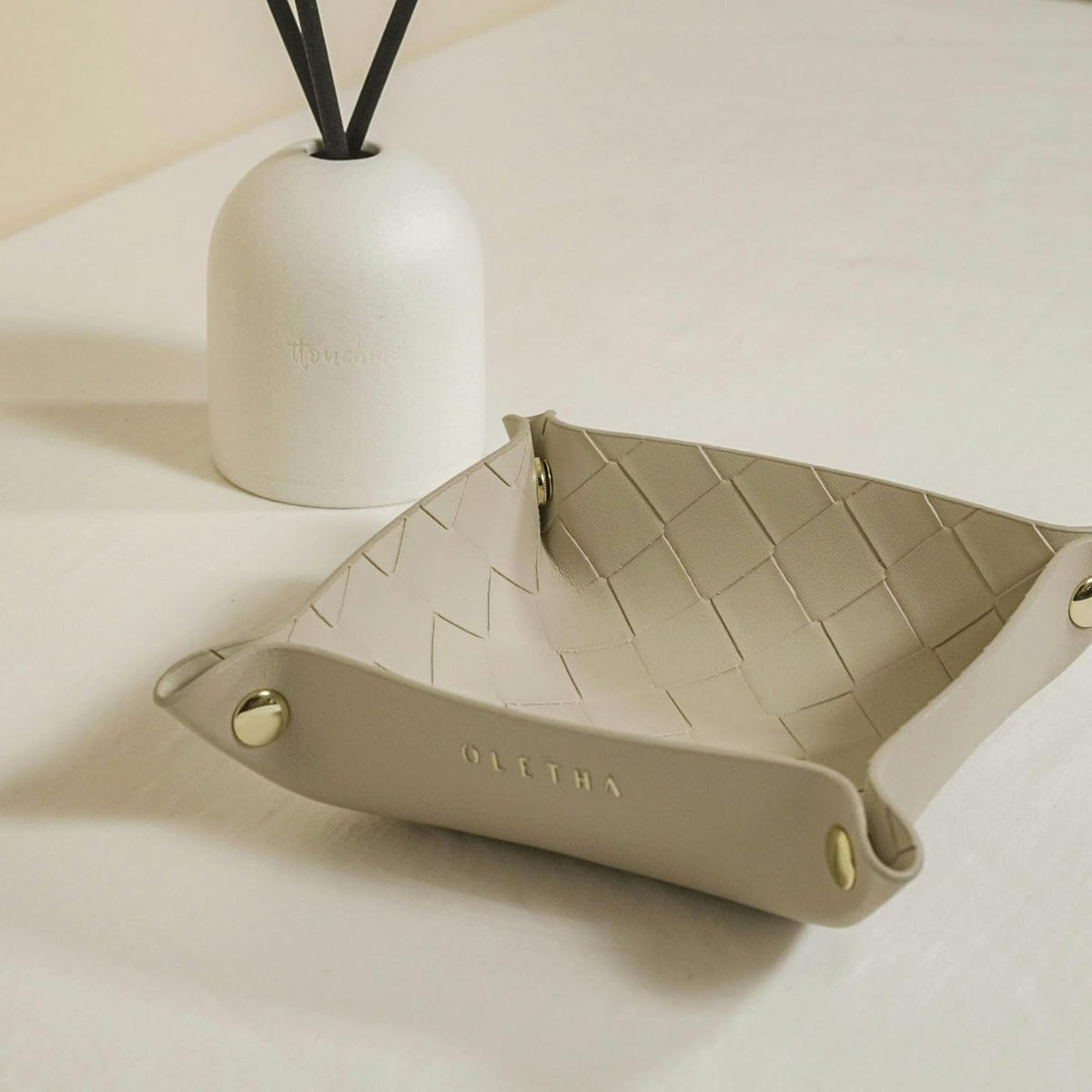 OLETHA Small Foldable Valet Tray, Travel Essentials for Women, Portable Catchall Organizer for Jewelry & Keys, for Hotel Nightstands, Home Office & Desk, Aesthetic Faux Leather, Light Taupe