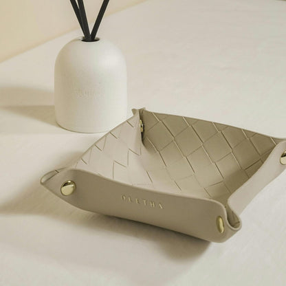 OLETHA Small Foldable Valet Tray, Travel Essentials for Women, Portable Catchall Organizer for Jewelry & Keys, for Hotel Nightstands, Home Office & Desk, Aesthetic Faux Leather, Light Taupe