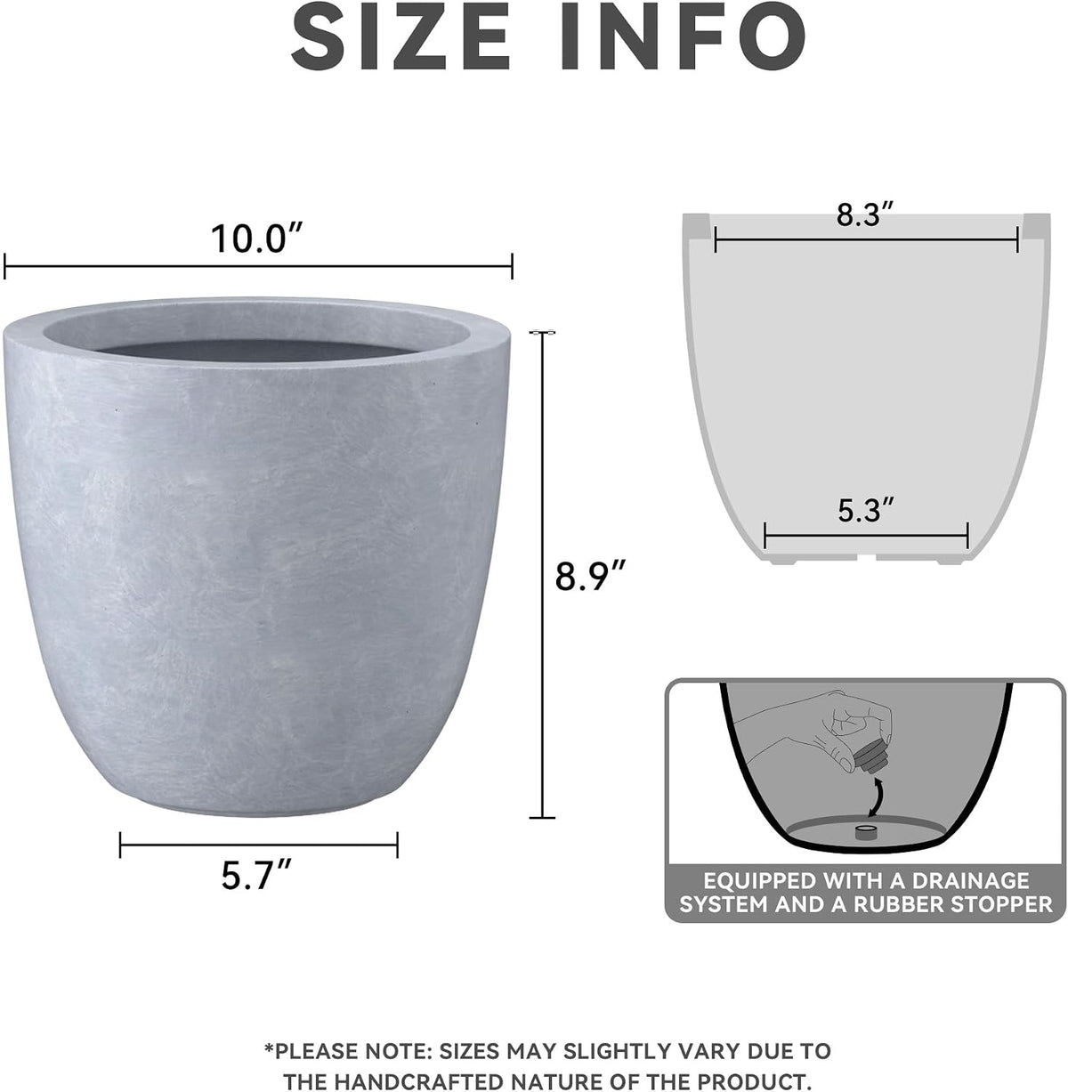 Kante 8.9" H x 10" W Small Concrete Planter, Compact Desktop Plant Pot with Drainage Hole & Rubber Plug – Lightweight Breathable Cement Container for Succulents, Cactus, Herbs, Indoor Outdoor, Gift