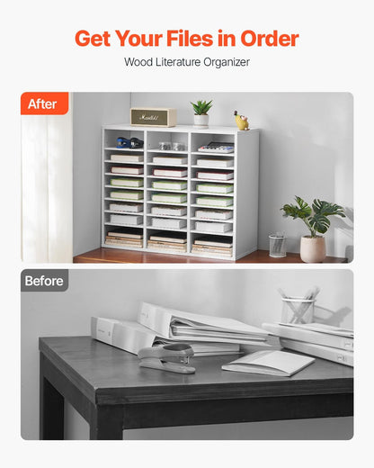 VEVOR Literature Organizers, 12 Compartments Office Mailbox with Adjustable Shelves, Wood Literature Sorter 20.4x12x16.1 inches for Office, Home, Classroom, Mailrooms Organization, EPA Certified White